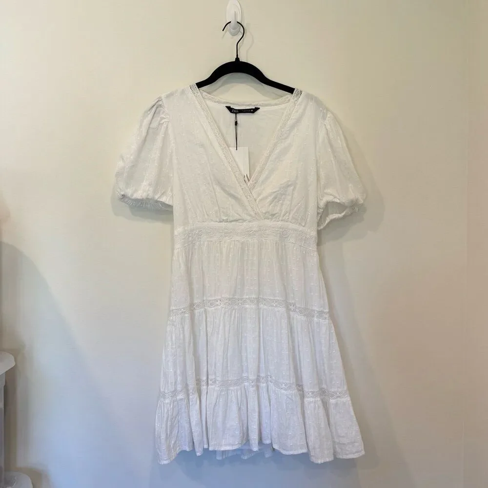NWT Zara Lace Insert Trim Balloon Sleeve Cotton Tiered Mini Dress in White - Picture 9 of 12